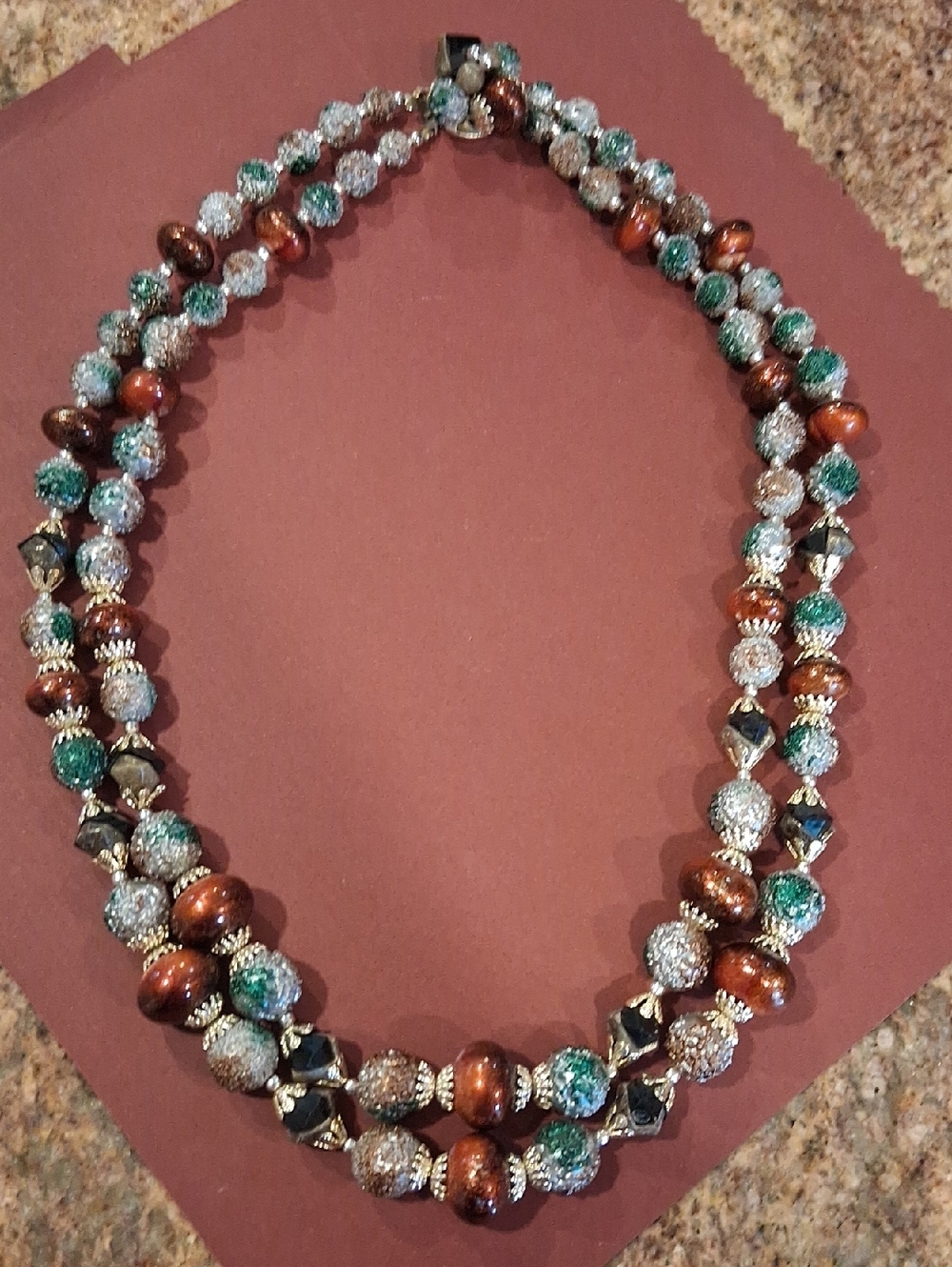Elegant Multi-Strand Beaded Necklace in Green, Brown & Silver